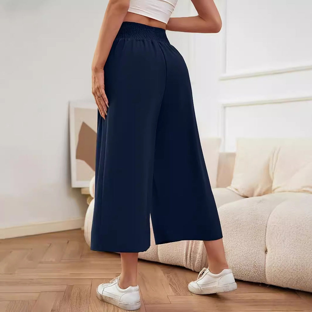 Damen-Palazzohose mit weitem Bein, hoher Taille, Gummibund und fließendem Stoff, Größe S