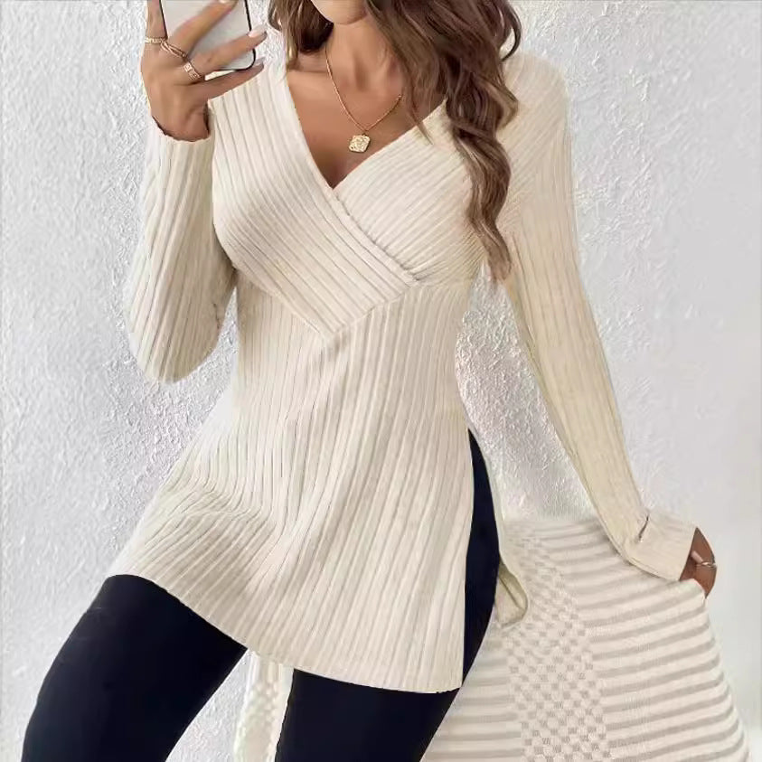 Elegantes Damen-Wickelshirt mit langen Ärmeln und gerippter Struktur, Größe