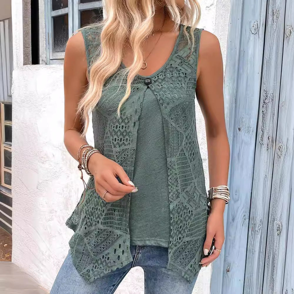 Ärmelloses Spitzen-Tunika-Shirt für Damen mit modischem Knopfverschluss, Größe