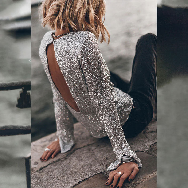 Women's glittery top with long ruffled sleeves and all-over sequins, size [size missing]