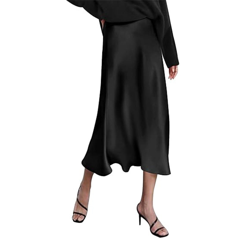 Women's elegant midi skirt in satin viscose with a flowing drape, size Valenzora