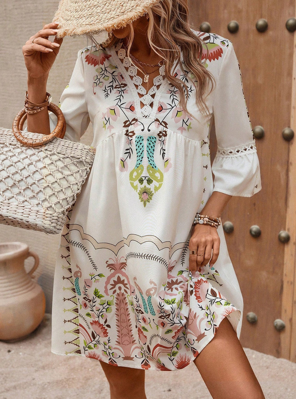 Damen Boho-inspiriertes Kleid mit verspielten Stickdetails und weich fließendem Schnitt Drune