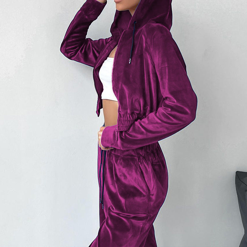 Women's sporty leisure set with casual hooded jacket and wide-leg trousers, size S
