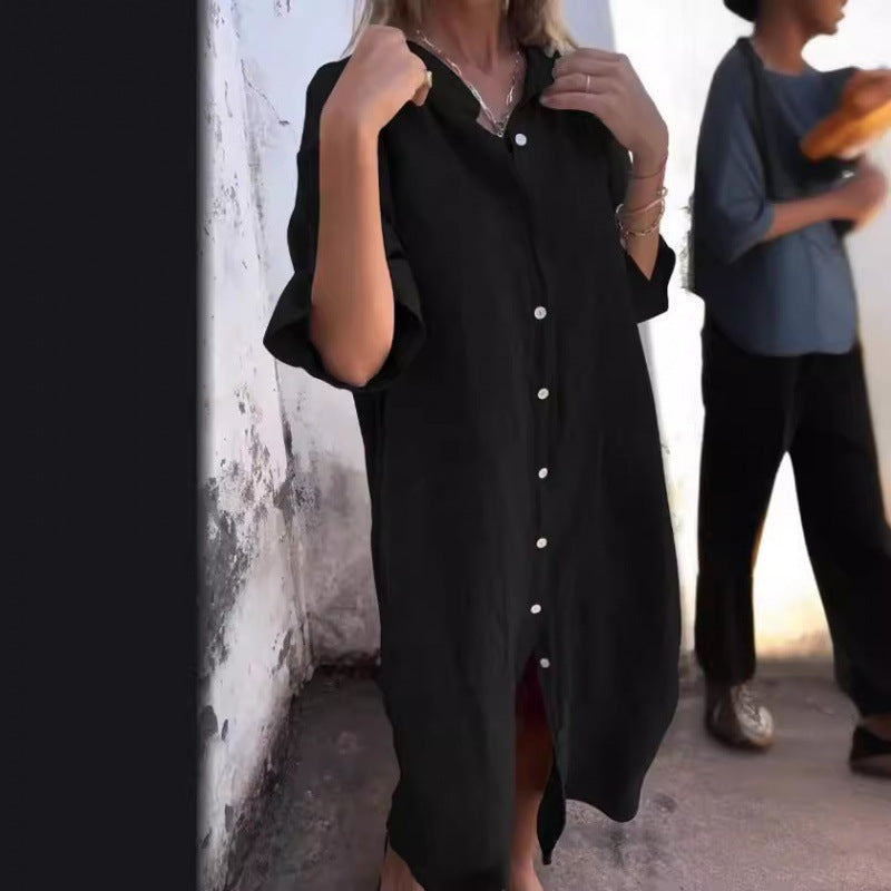 Valenzora | Lockeres, lässiges Hemdblusenkleid aus Baumwoll-Leinen mit halben Ärmeln