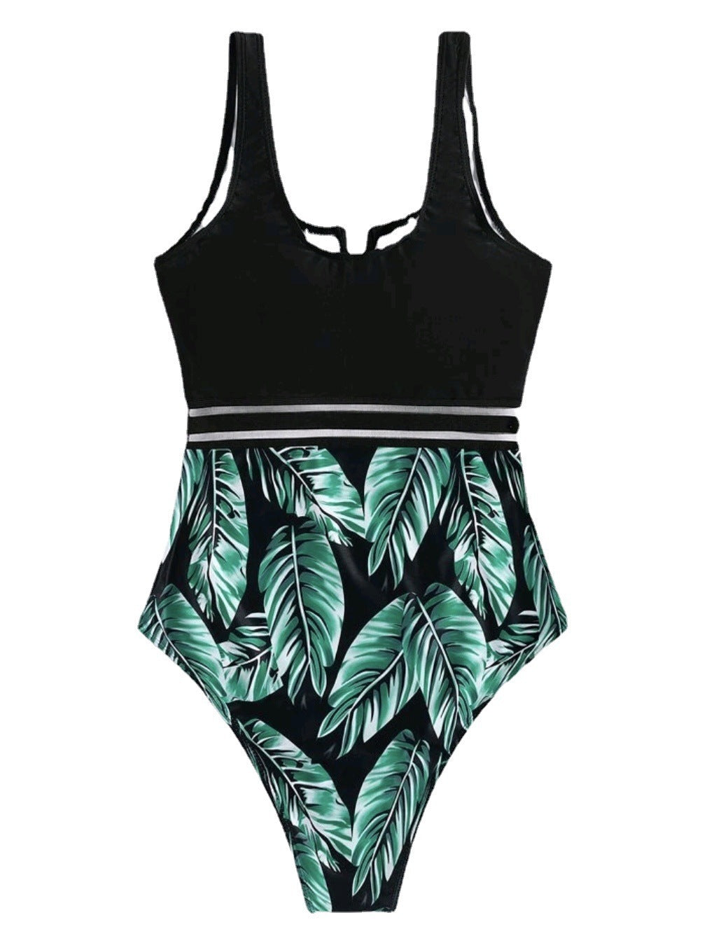 Damen High-Waist-Badeanzug mit V-Ausschnitt und modernem Blattmuster, Größe