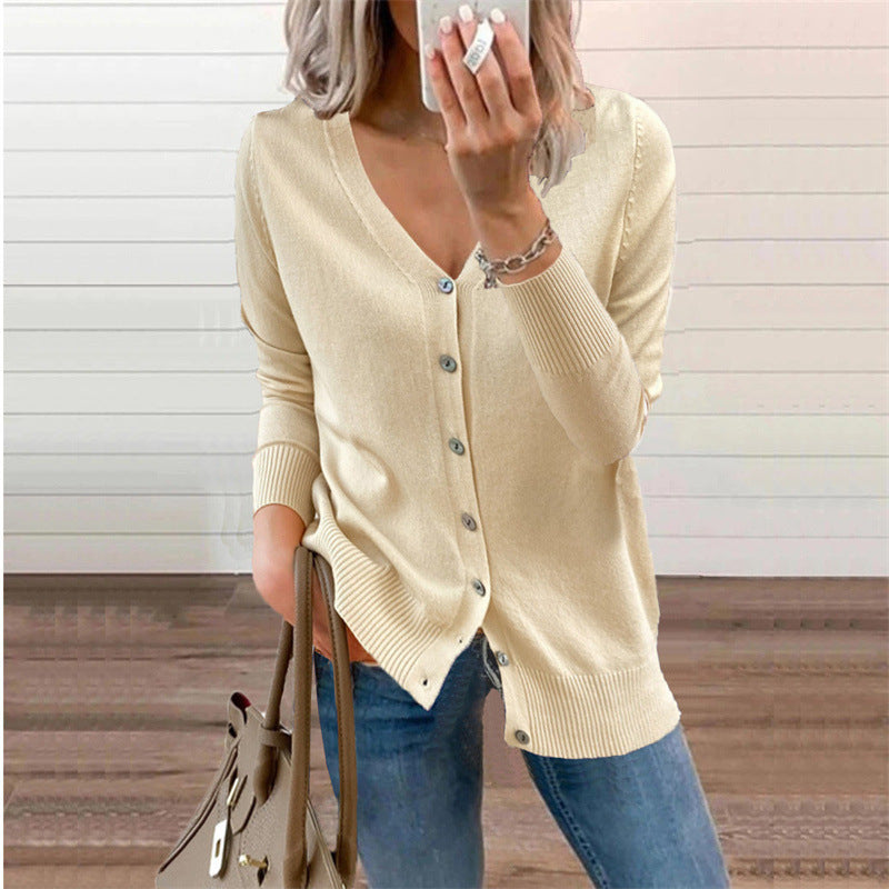 Women's cardigan with modern button details and deep V-neck, size