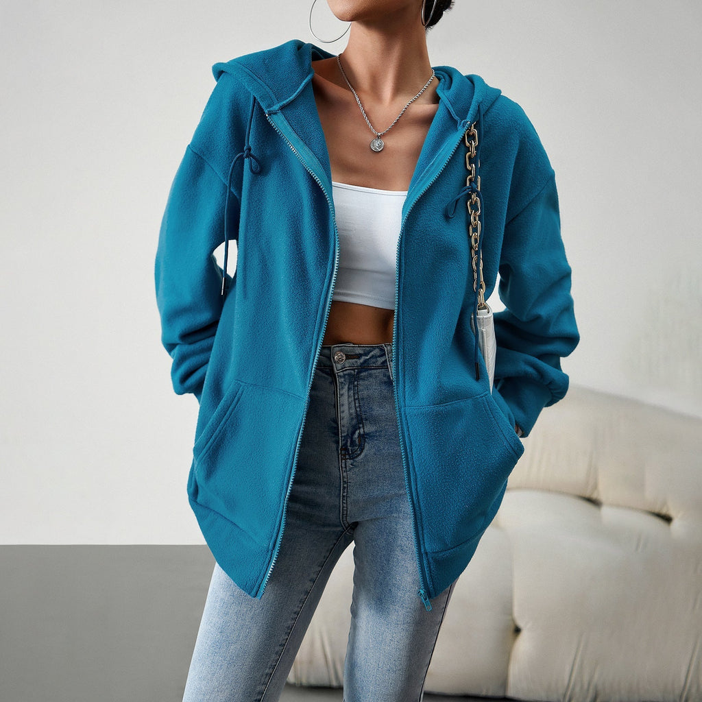 Women's fleece jacket with practical pockets and adjustable hood, size S