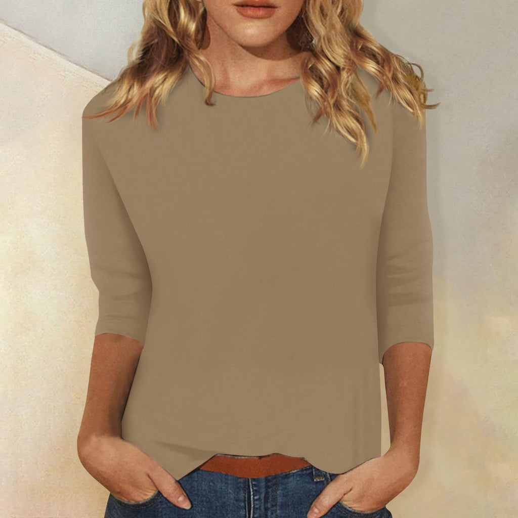 Women's casual top with elegant 3/4 sleeves and curved hem, size S