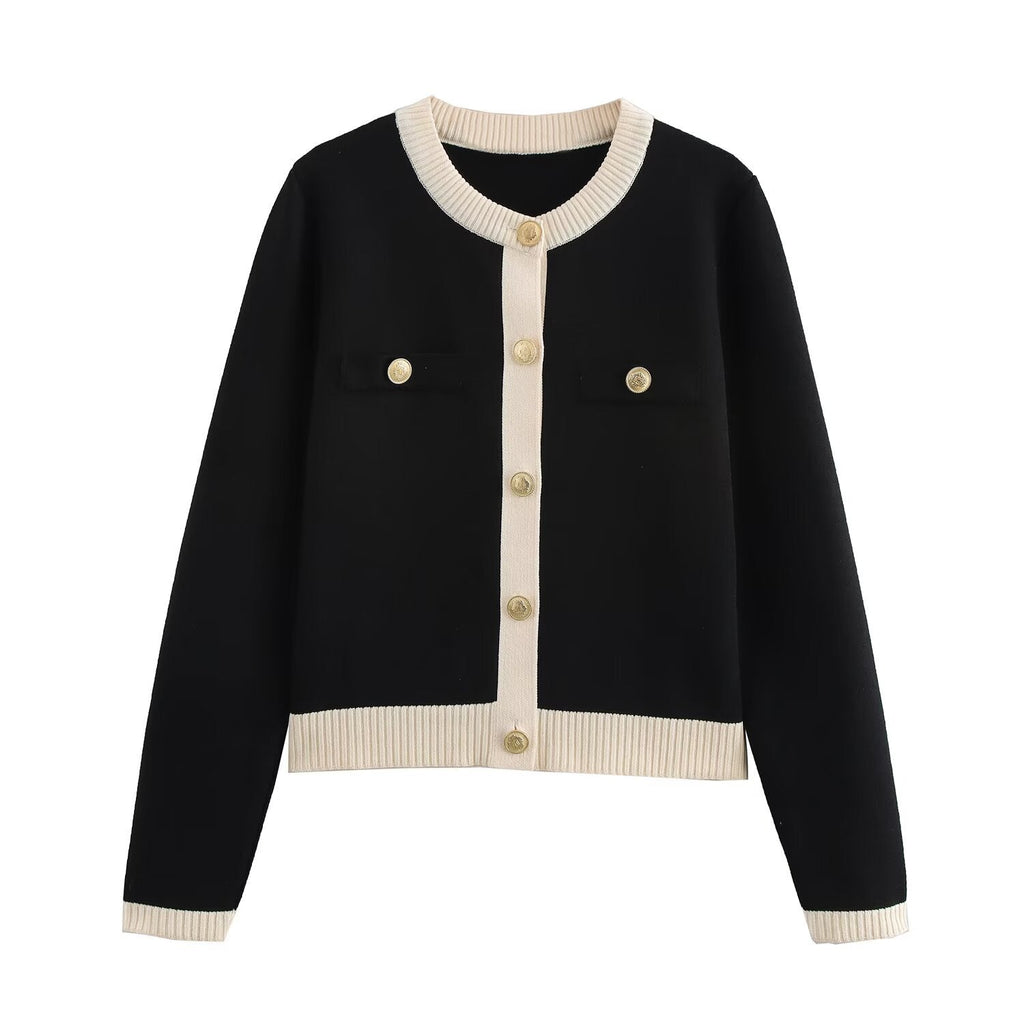 Valenzora | Spring Golden Button Contrast Knit Cardigan Top