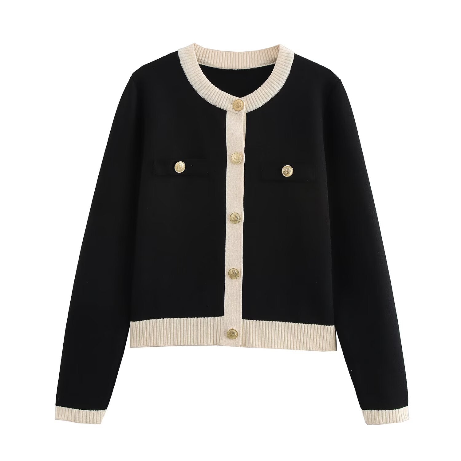 Valenzora | Spring Golden Button Contrast Knit Cardigan Top