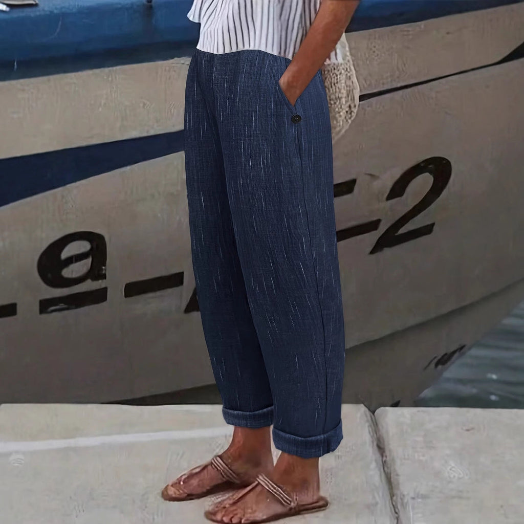 Bequeme und luftige Leinenhose für Damen mit seitlichen Taschen, Größe