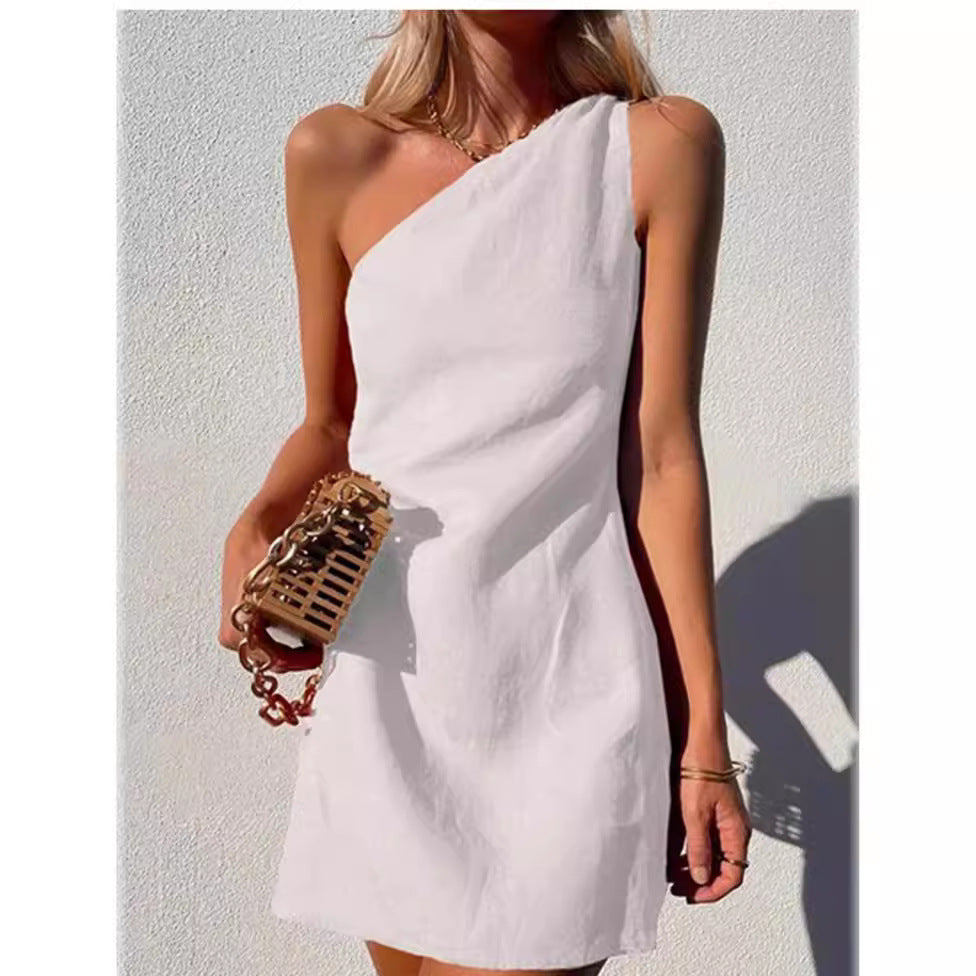 Valenzora | Solid color slim fit one-shoulder commuter dress