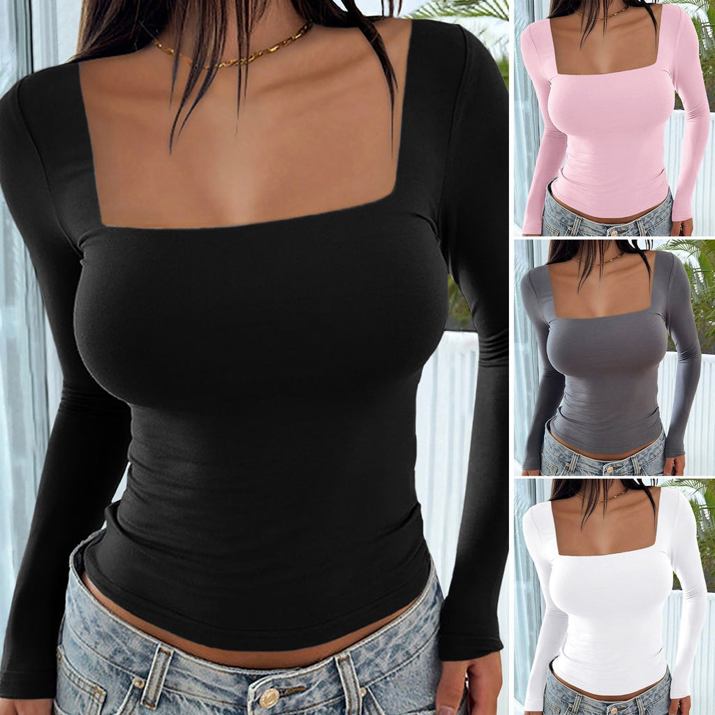 Women's fitted long-sleeved shirt with square neckline and ruching, size [size missing]
