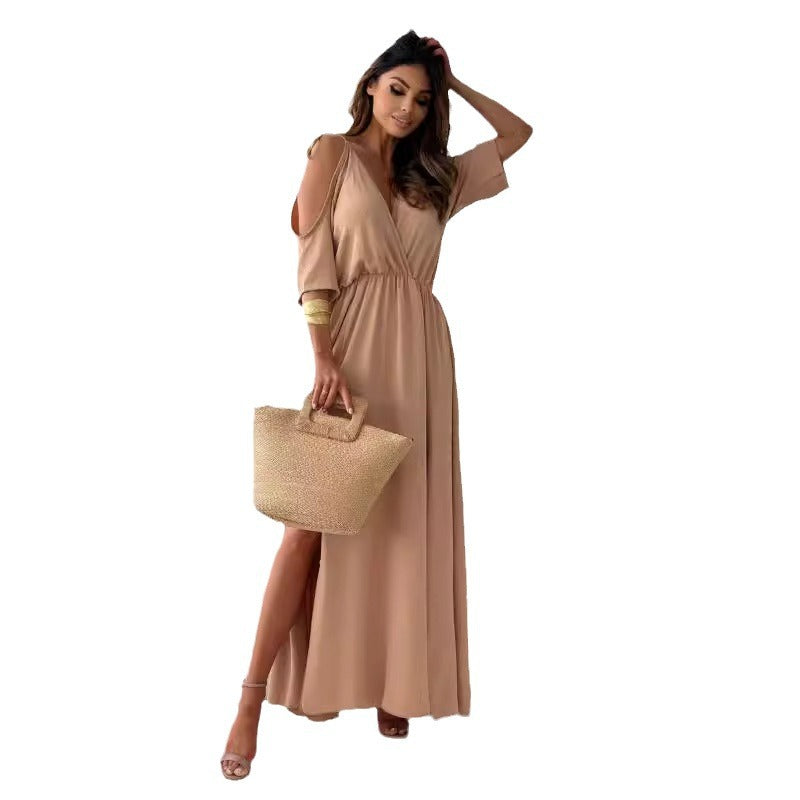 Valenzora | Satin Strappy Lace V-Neck Long Dress