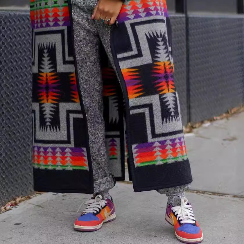 Women's long cardigan in a colorful ethnic design and modern cut, size