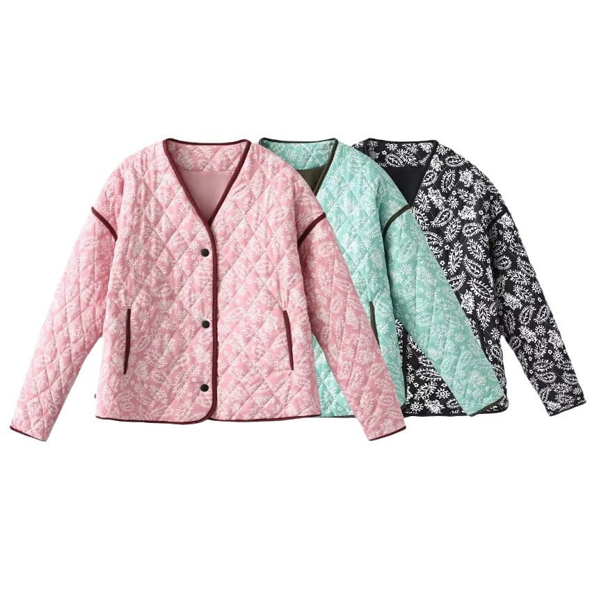 Women's quilted jacket with floral design and practical pockets, size S