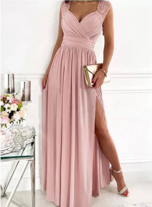 Glamorous ruffled evening dress with V-neck & slit