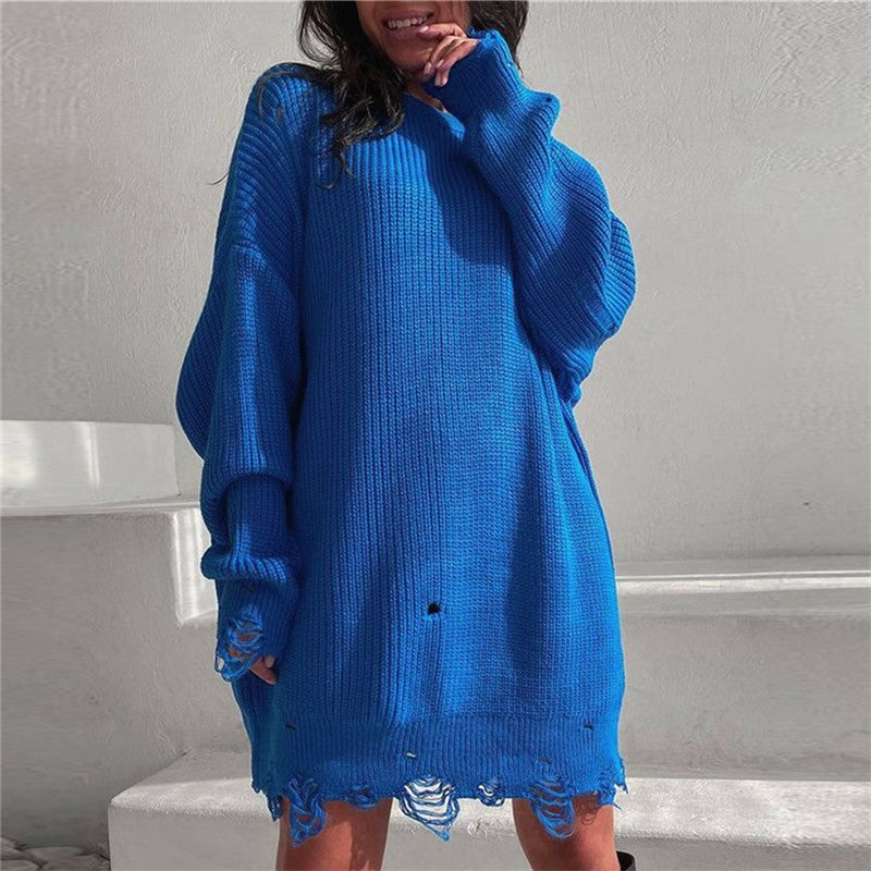 Valenzora Ripped O Neck Oversized Sweater Dress