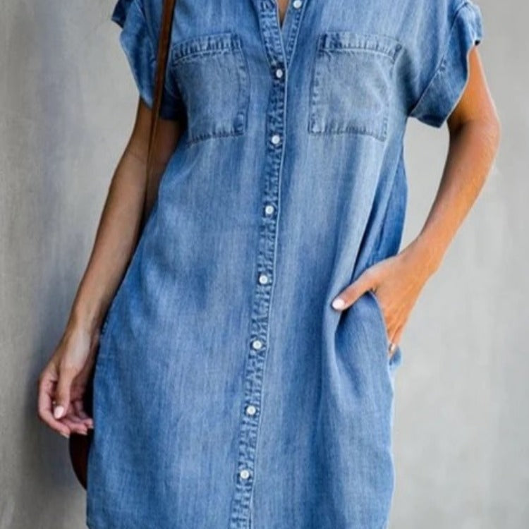 Damen Jeanshemdkleid mit zwei aufgesetzten Taschen und Knopfleiste Drune