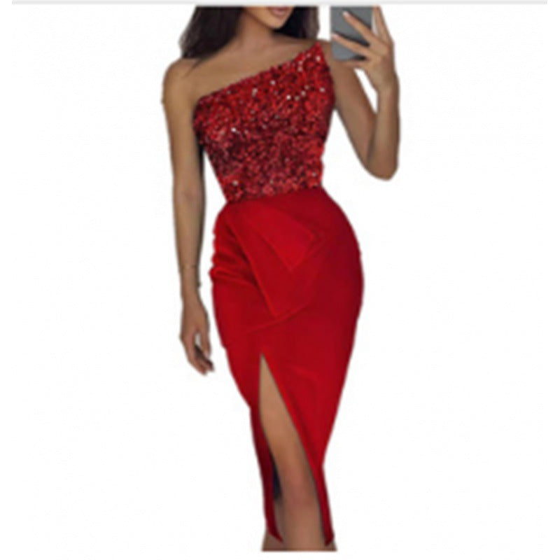 Women's evening dress with asymmetrical design and sparkling sequins, size