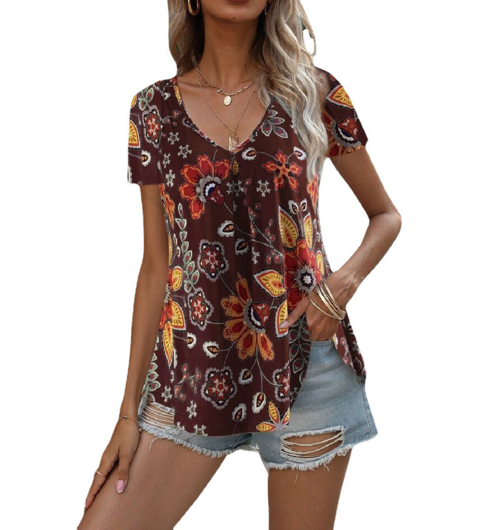 Women's floral top with deep V-neck and flowing cut, size