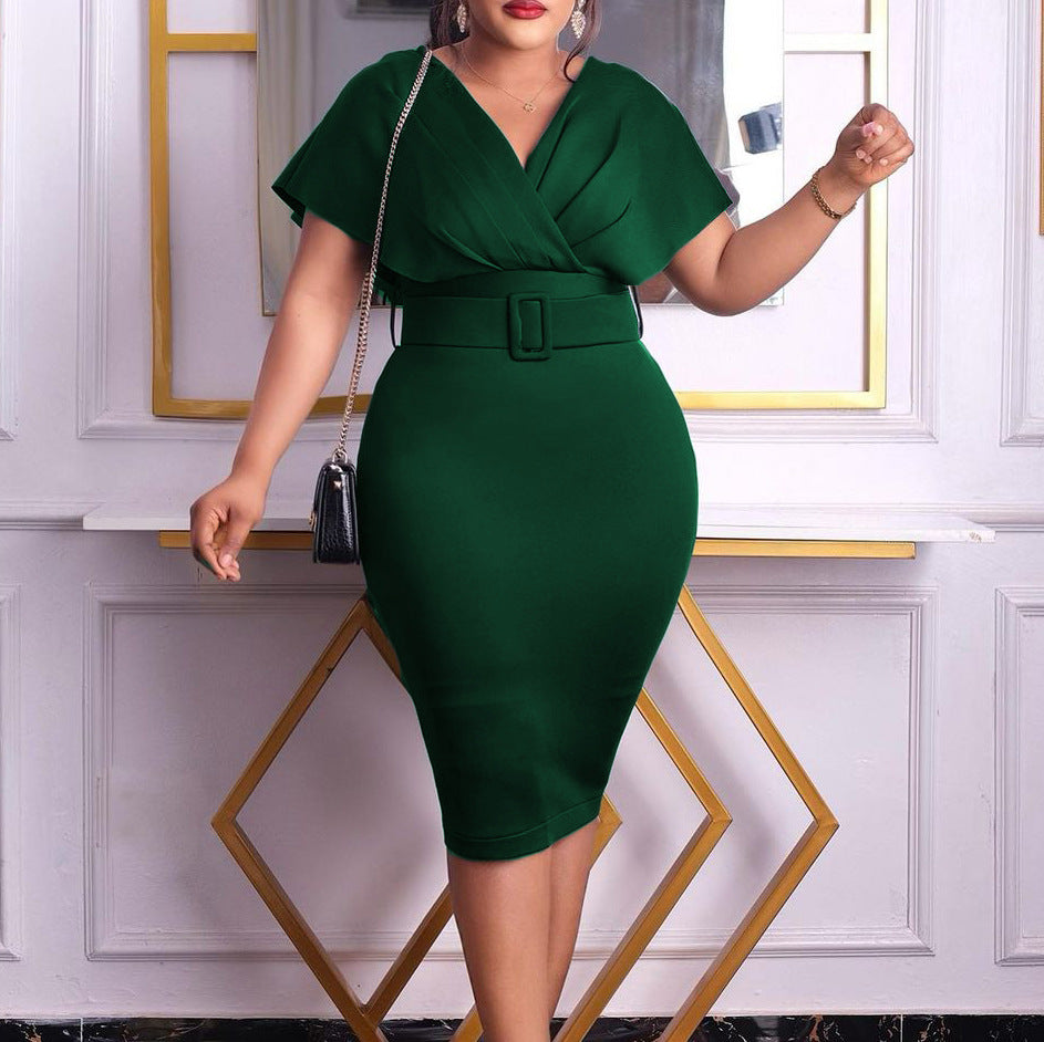 Valenzora | Tailliertes Damen-Midi-Kleid mit V-Ausschnitt und Gürtel