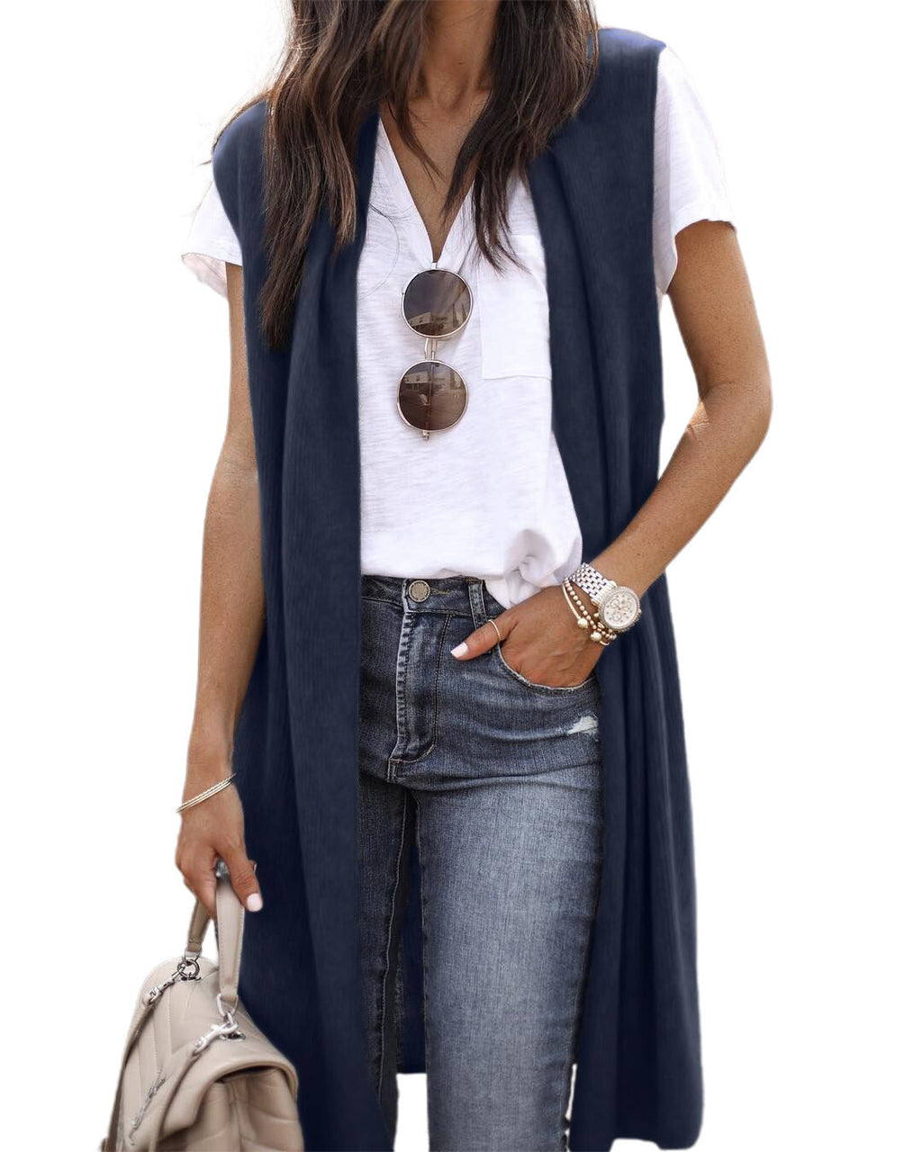 Women's open cardigan with a relaxed fit and long side panels, size