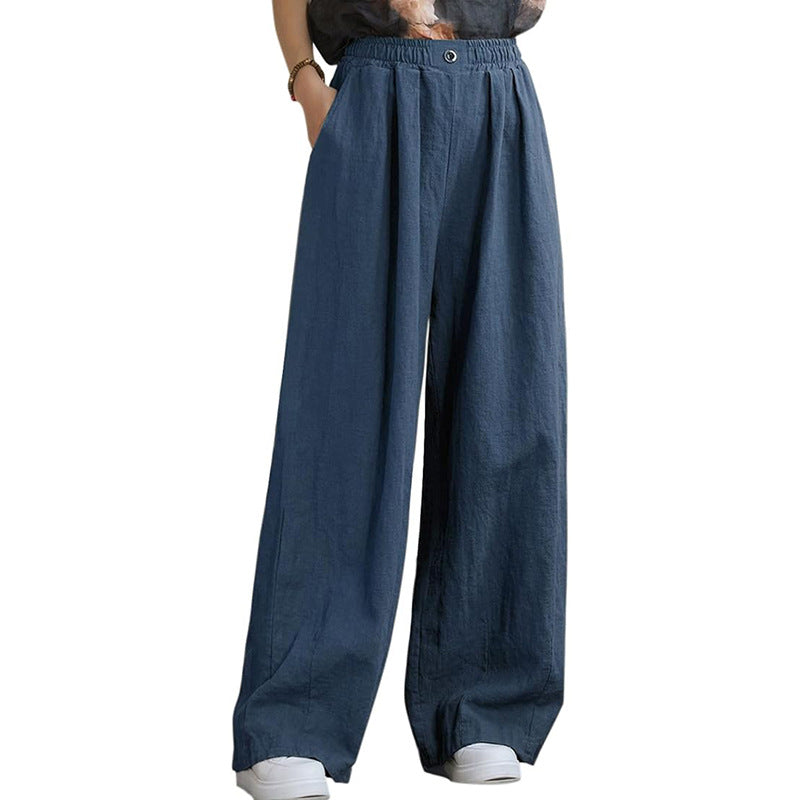 Women's wide linen trousers with elasticated waistband and feminine pleats, size
