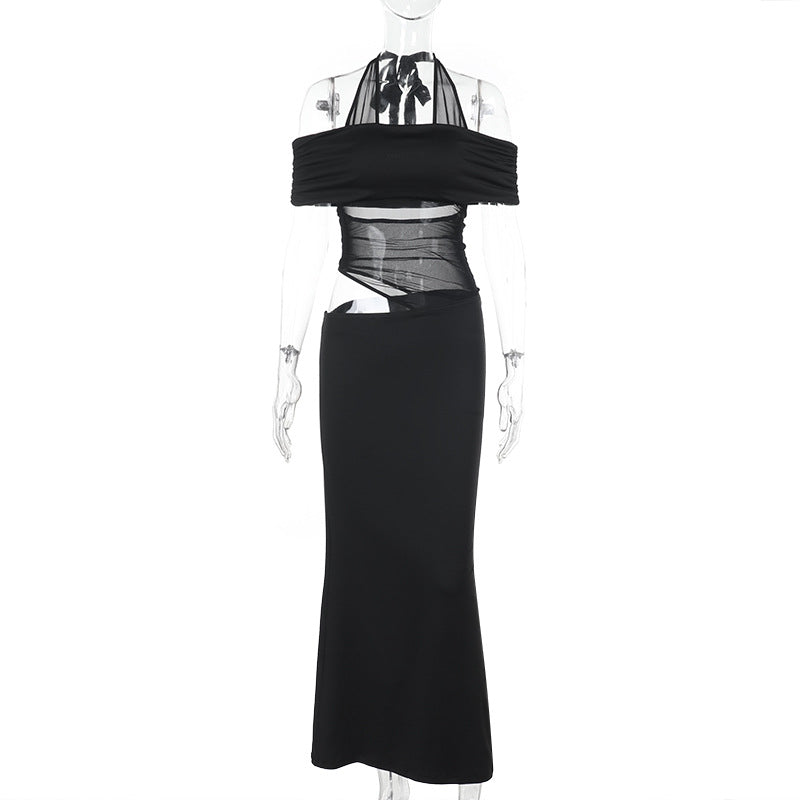 Damen-Cocktailkleid mit schulterfreiem Design und raffiniertem Netzeinsatz, Größe S
