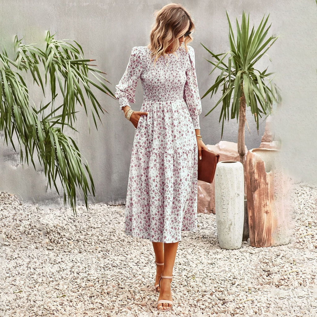 Women's floral midi dress with gathered waist and long sleeves, size
