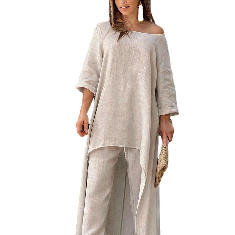 Valenzora | Cotton Linen Loose Irregular Long Sleeve Two-Piece Set