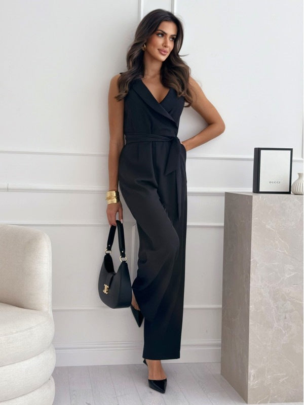 Sleeveless women's jumpsuit with V-neck and waist embellishment