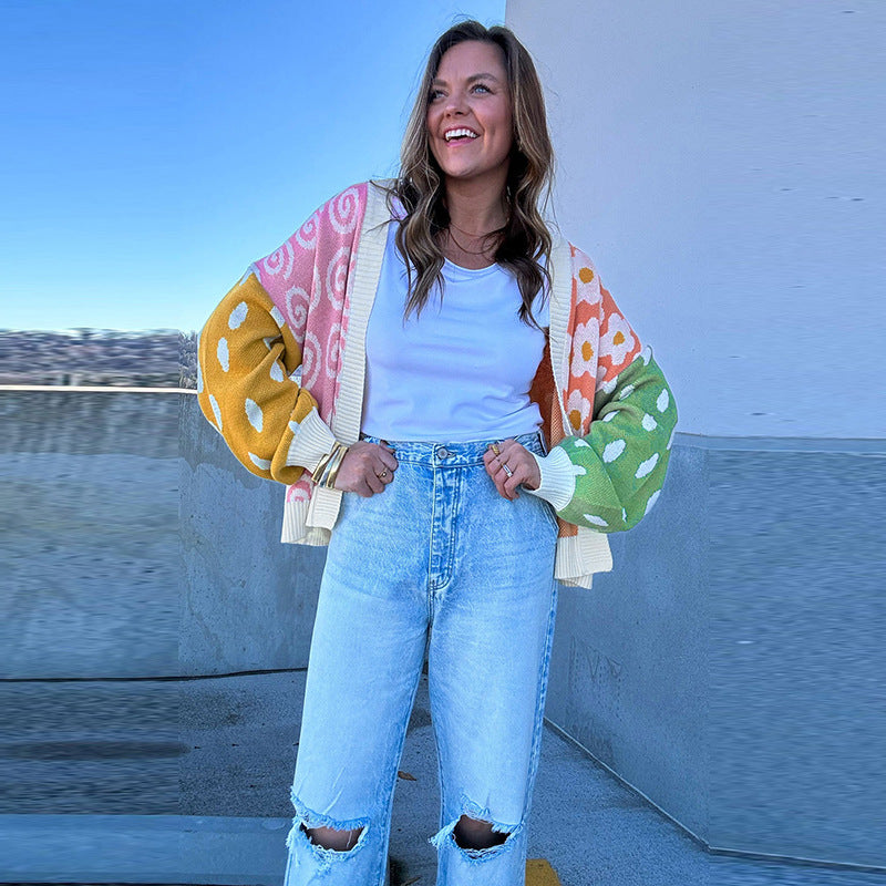Women's patterned cardigan with a relaxed fit and colorful patterns, size [size missing]