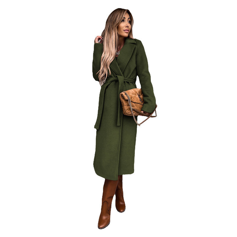 Women's elegant long coat with belt and high collar, size