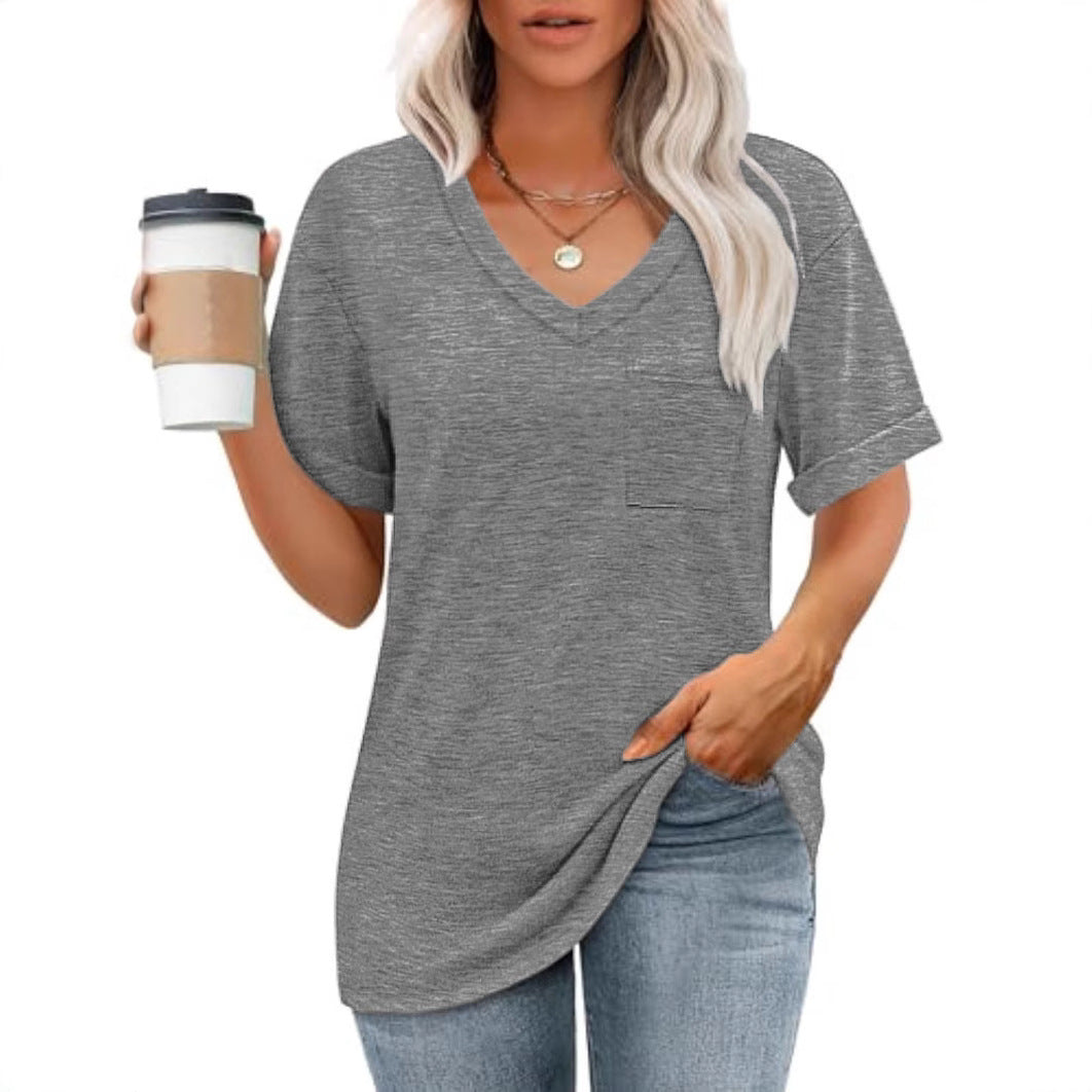 Damen V-Ausschnitt T-Shirt mit Taschen und lässiger Passform, Größe