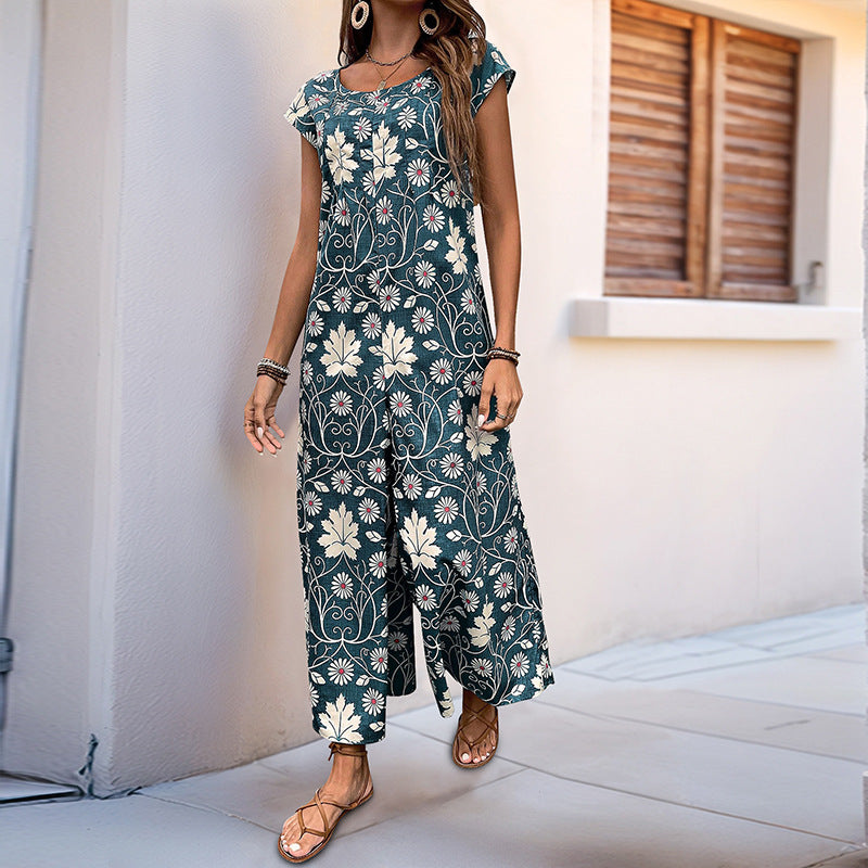 Damen-Jumpsuit mit Blumendesign und kastanienbraunem Bindegürtel, Größe