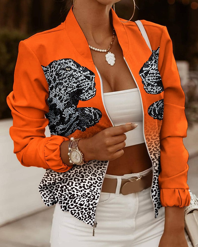 Women's sporty bomber jacket with floral design and contrasting sleeve accents, size Valenzora