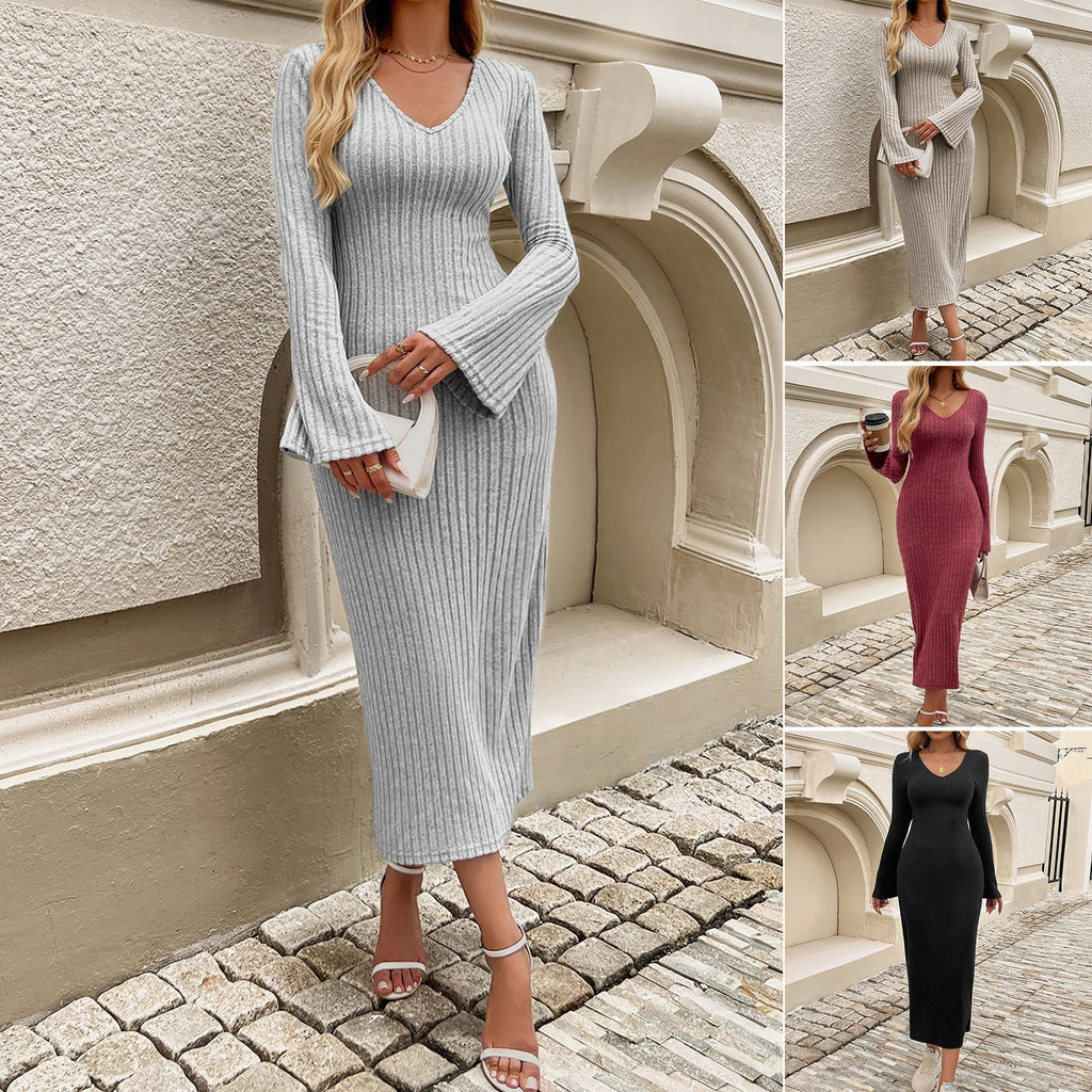 Women's knitted midi dress with V-neck and voluminous sleeves, size [size missing]