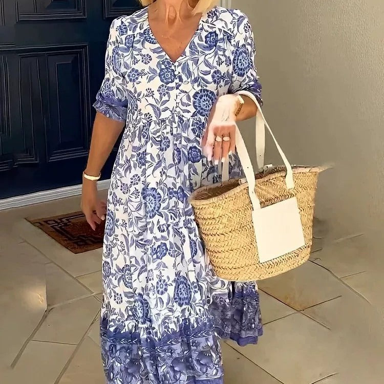 Valenzora | Langes floral bedrucktes Batik-Kleid mit Dreiviertelärmeln