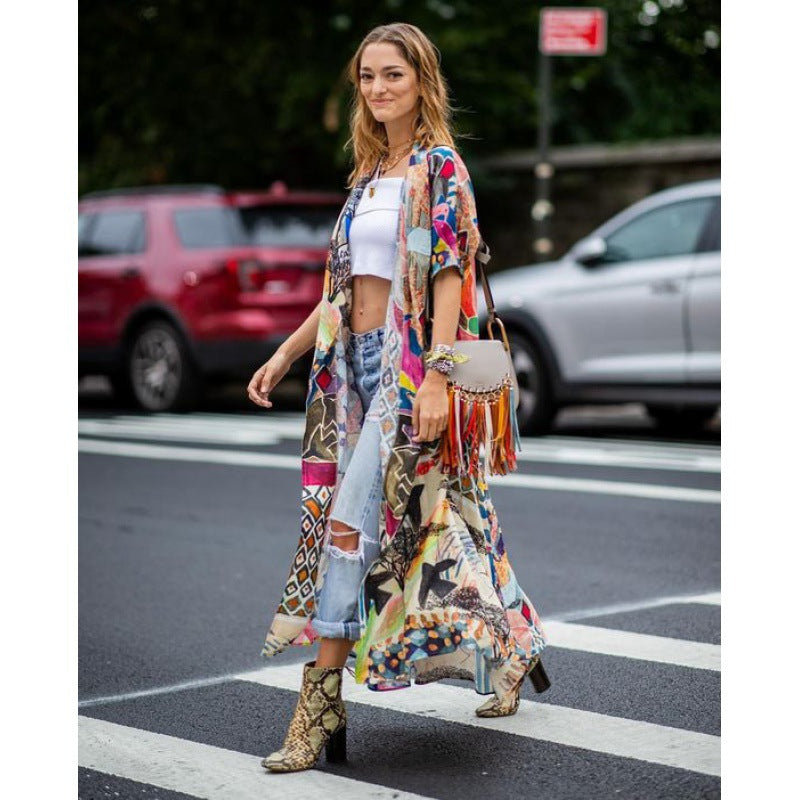 Damen-Kimono mit buntem Patchwork-Design und fließendem Stoff, Größe S