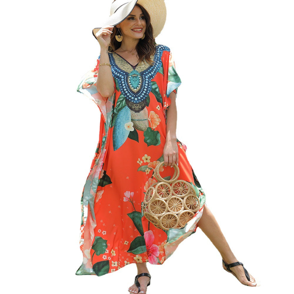 Women's beach kaftan with artistic floral pattern and decorative pearl embellishment, size Valenzora