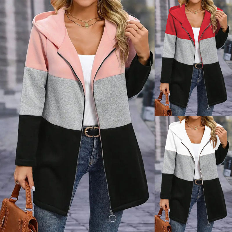 Women's hooded jacket in a modern color block design, size