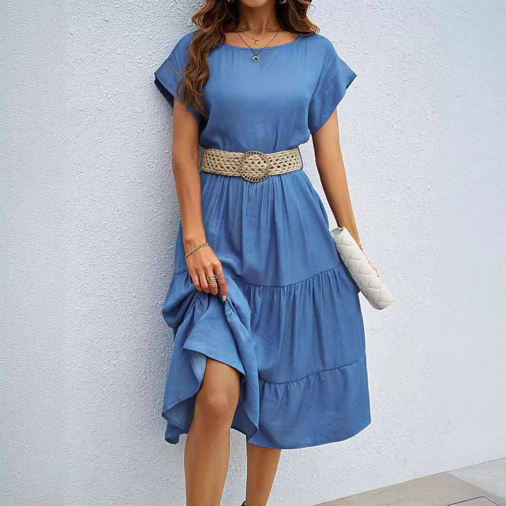 Women's casual midi dress with elegant flounce and adjustable belt, size S