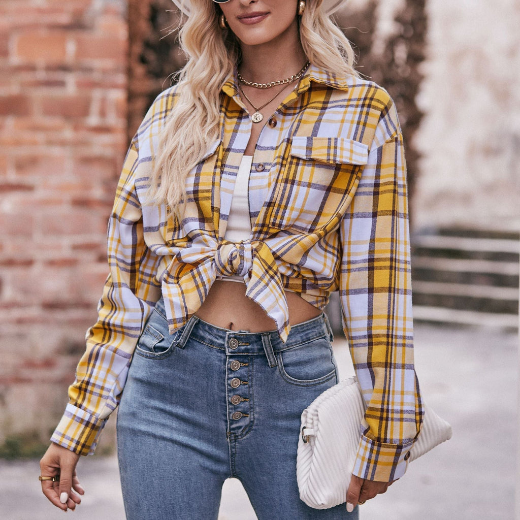 Women's checked shirt with button-up front design and casual knot detail, size Valenzora