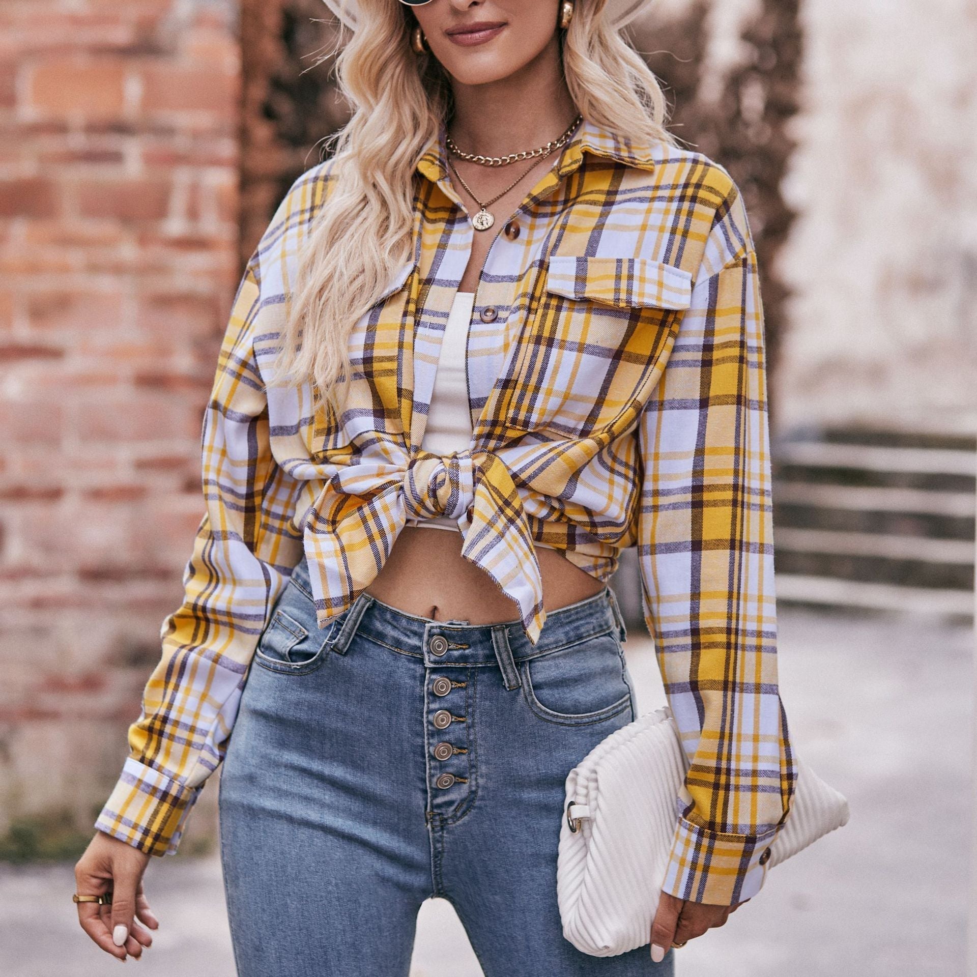 Women's checked shirt with button-up front design and casual knot detail, size Valenzora