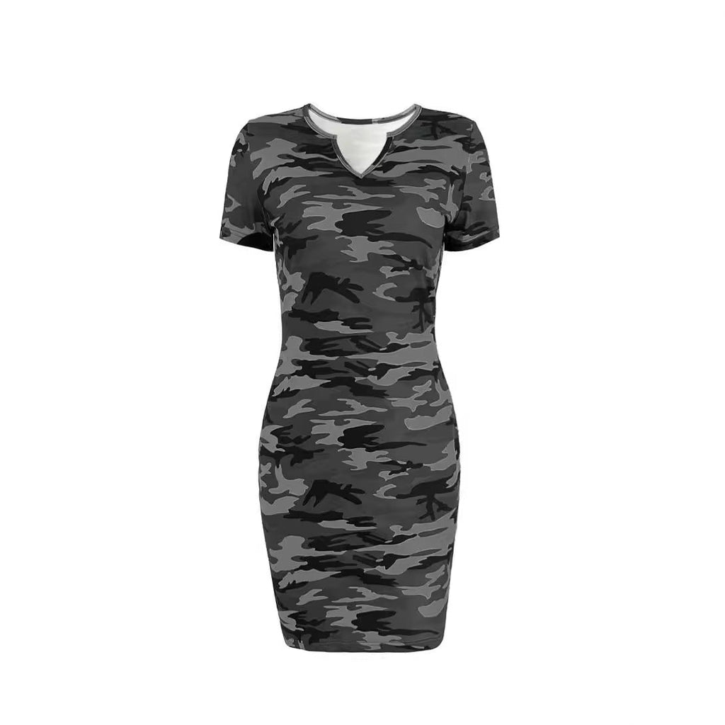 Damen Kurzarmkleid im angesagten Camouflage-Stil mit figurbetontem Schnitt und V-Ausschnitt, Größe [size]