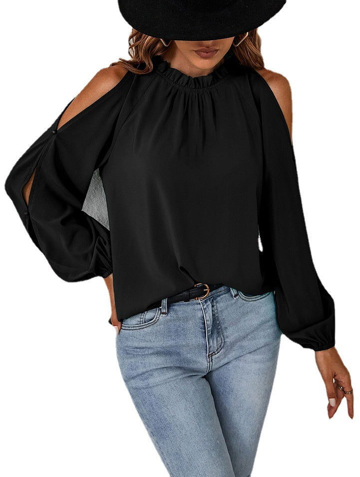 Women's chic top with off-the-shoulder panels and elegant ruffle details, size [size]