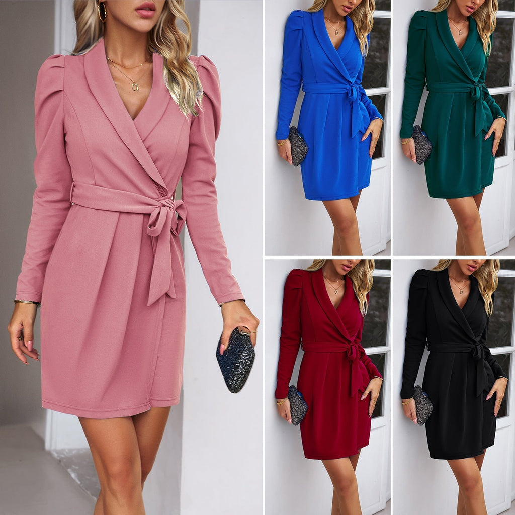 Damen-Wickelkleid mit elegantem Kragen und verstellbarem Gürtel, Größe