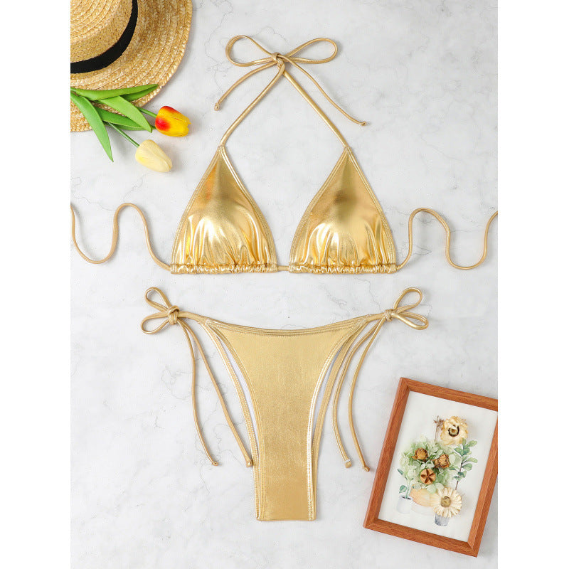 Damen-Triangel-Bikini mit glitzerndem Metallic-Finish und verstellbaren Trägern, Größe [size]