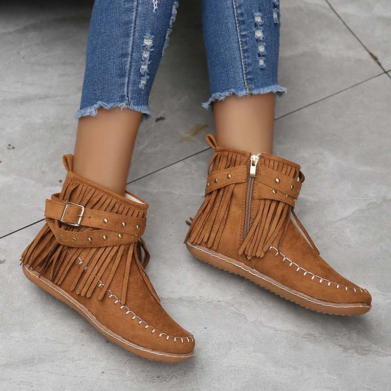 Valenzora | Boho ankle boots with fringes and buckles for women